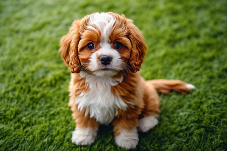 Adorable Cavoodle Puppy Relaxing on Lush Green Grass with a Playful Expression and Gentle Gazeの素材