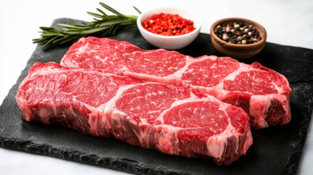 Close-Up of Fresh Raw Angus Ribeye Chops with Vibrant Red Marbling and Black Peppercornsの素材