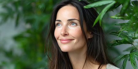 Brunette woman amidst lush green foliage, capturing natural beauty and a vibrant wellness vibe.の素材