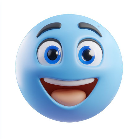 Vibrant Blue Emoji Expressing Excitement and Joy, Cartoon Character in 3D Render on White Backgroundの素材