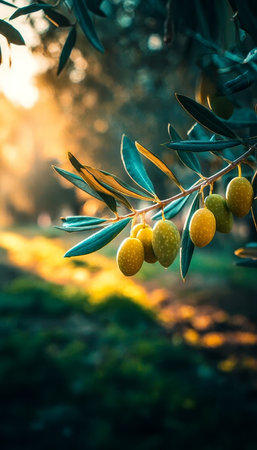 Close-Up of Ripe Olives Hanging on a Branch in a Sunlit Olive Grove, Showcasing Nature s Bounty.の素材