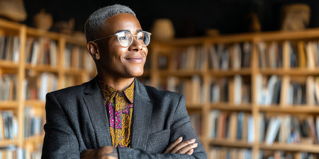 Confident African-American Librarian at a University, Demonstrating Leadership and Expertiseの素材