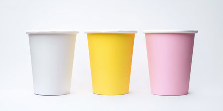 Colorful Pastel Paper Cups in a Row on Plain Background, Minimalistic Mockup Style Image for Designの素材