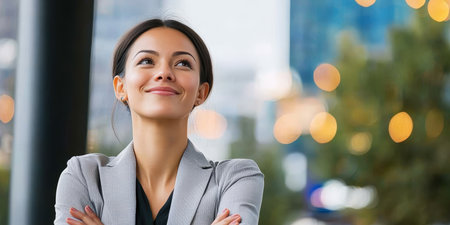 Confident European Woman Gazing Upward, Dreaming of Career Success and an Optimistic Future Aheadの素材