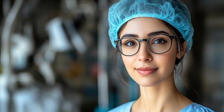 Caring Nurse in Modern Hospital, Soft Focus Ambiance, Portrait of Compassion and Careの素材