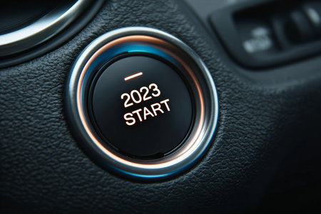 New Year 2023 Symbolism Car Panel Push Button Signifying Fresh Business Starts and Achievementsの素材