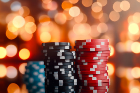 Vibrant Stacks of Colorful Poker Chips with a Beautiful Bokeh Lights Background for Casino Nightsの素材