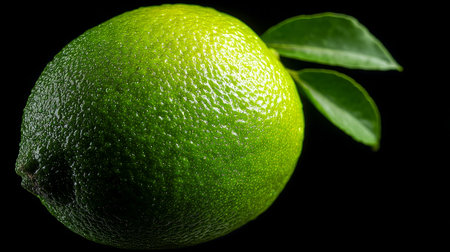 Perfectly Placed Lime on Glossy Black Surface Showcasing Bright Green Textures and Freshnessの素材