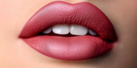 Closeup of Beautiful Woman s Sensual Crimson Lips with Stunning Lipstick for Makeup Creativesの素材