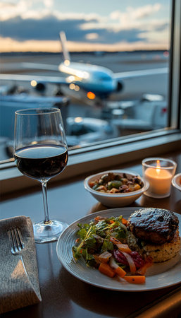 Luxurious Airport Lounge Fine Dining Experience with Gourmet Meal and Scenic Aviation Viewの素材