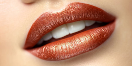 Macro Photo of Plump Woman Wearing Metallic Copper Lipstick with Flawless Healthy Skin Appearanceの素材