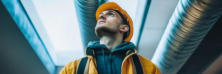 Tradesman inspecting HVAC ducts in business ceiling for effective maintenance and performanceの素材