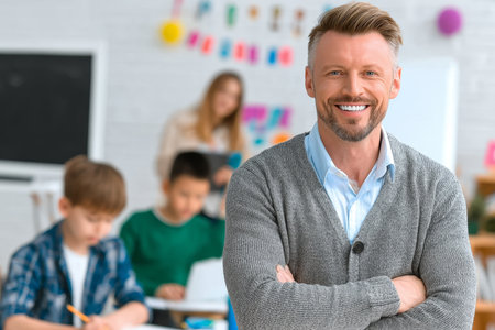 Dedicated Male Elementary School Teacher Engaging Students with a Warm Smile in a Modern Classroomの素材
