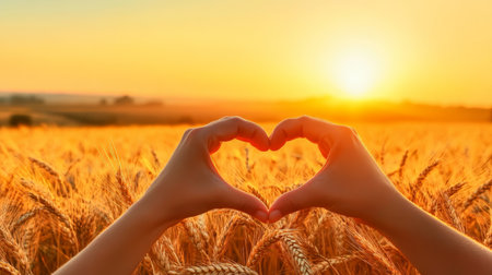 Heart Shaped Symbol of Love in a Golden Wheat Field at Sunset, Nature Inspiring Hope and Joyの素材