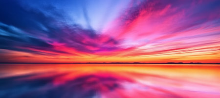 A Colorful Tranquil Night Sky View with Sunlight Filtering Over a Serene Water Surface Horizon Glowの素材