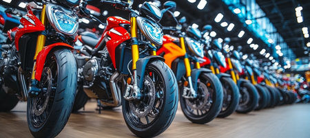 Contemporary Motorbikes Displayed in a Modern Showroom for Sale with Outstanding Features and Styleの素材