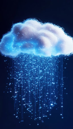 A mesmerizing, glowing cloud raining down a cascade of data, technology, and digital connections.の素材