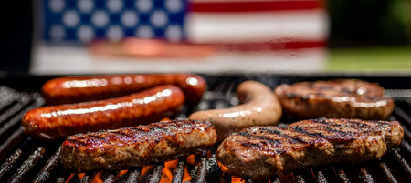 Grilling Delights Juicy Steaks and Sizzling Sausages with American Flag Theme for 4th of July BBQの素材