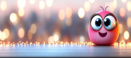 Vibrant 3D Pink Emoji with Big Eyes and Joyful Expression Against a Soft Bokeh Background for Funの素材