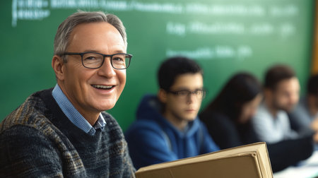 Senior educator passionately teaching calculus to engaged students in a vibrant classroom.の素材