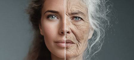 Aging Transformation Woman s Face Showing Evolution from Youth to Old Age with Visible Wrinklesの素材