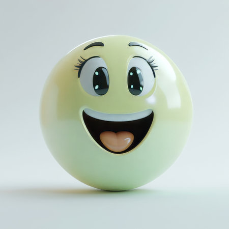 Cheerful 3D Mint Emoji Smiling with Large Eyes, Isolated on Clean White Background, Optimistic Faceの素材