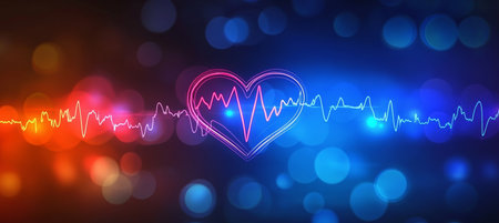 Vibrant Neon Heart with Pulsing Beat on Bokeh Background, Symbolizing Love and Health Awarenessの素材