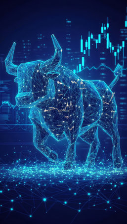 Abstract Bull Stock Market Concept with Digital Upward Trend Representing Future Growthの素材