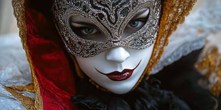 Enchanting Woman in a Lavish Venetian Mask, Exuding Mystery and Grace at a Glamorous Party Eventの素材