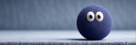 Cute, Fluffy Navy Blue Fur Ball Character with Big Eyes on a Soft Mottled Blue Backgroundの素材