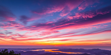 Stunning Sunrise Over Mountains Aerial View of Pink and Purple Clouds in the Serene Dawn Skyの素材