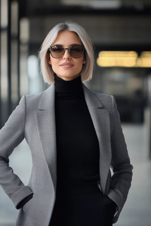 Confident businesswoman with stylish bob haircut wearing futuristic sunglasses at modern office.の素材