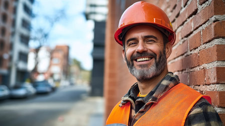 Positive Construction Worker with Hard Hat and Safety Gear Smiling While Working Outdoors on Siteの素材