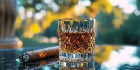 Sophisticated Evening of Relaxation with Whiskey, Cigar, and Luxurious Decanter in Gentleman s Denの素材