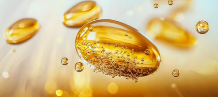 Golden Oil Elegance with Water Droplets on Cells, Showcasing Hydration and Purity in Cosmeticsの素材