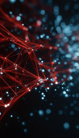 Advanced Networking Design with Red Lines and Blue Dots on a Dark Background for Data Exchangeの素材