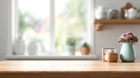 Inviting wooden tabletop scene with natural light, ideal for presentations and creative displays.の素材