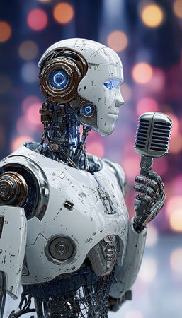 Futuristic Android Dances and Sings on a Bokeh Background, Showcasing Modern Technology and Artistryの素材