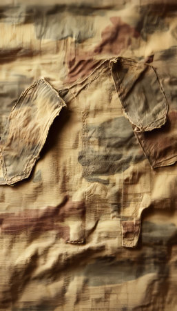 Distressed Camouflage Textiles Material Backdrop with Natural Light Colors and Faded Effectの素材