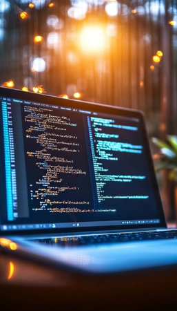 Sleek laptop coding environment showcasing innovative technology and tools for productivity.の素材