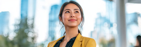 Smiling Asian female entrepreneur with executive ambitions gazes upward with hope for her future.の素材