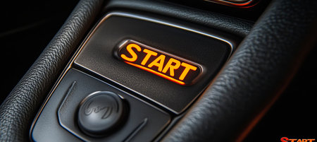 Sleek Illuminated Startup Button on Modern Automotive Dashboard with Advanced Control Panel Designの素材