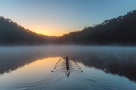 Team of Rowers in Early Morning on a Serene Lake at Dawn, Misty Reflections Creating a Stunning Viewの素材
