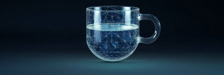 Innovative Digital Polygon Vector Illustration of a Transparent Cup Half-Filled with Waterの素材