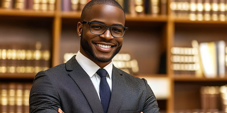 Confident African American Lawyer Smiling in Office Surrounded by Classic Legal Books and Documentsの素材