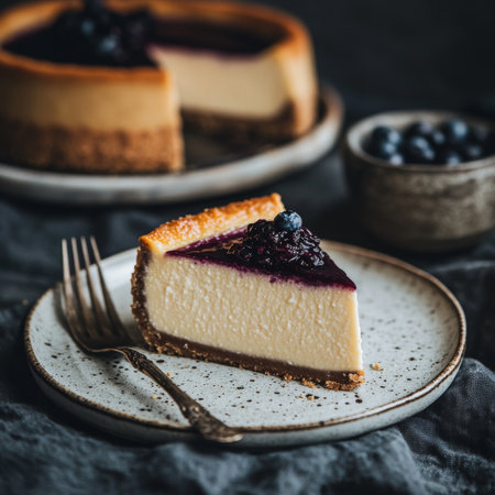 Indulgent Cheesecake Slice with Fresh Blueberry Compote, Perfectly Plated for Dessert Enthusiastsの素材