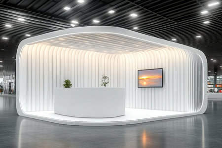 Sleek Modern White Display Booth Featuring Backlit Walls and Central Circular Podium for Exhibitionsの素材