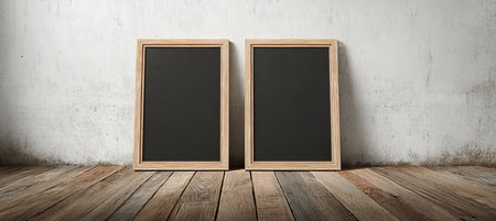 Stylish Twin Dark Vertical Frames with Rustic Backdrop for Modern Art Display and Exhibitionsの素材