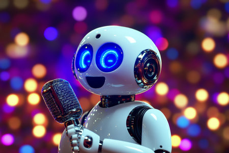Futuristic Robot Singer with Vintage Microphone, Blue Eyes Shining on Stage, AI Artist Performanceの素材