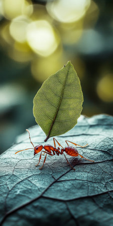Determination Exemplified by Ants Working Together, Carrying Food Across Challenging Terrain.の素材